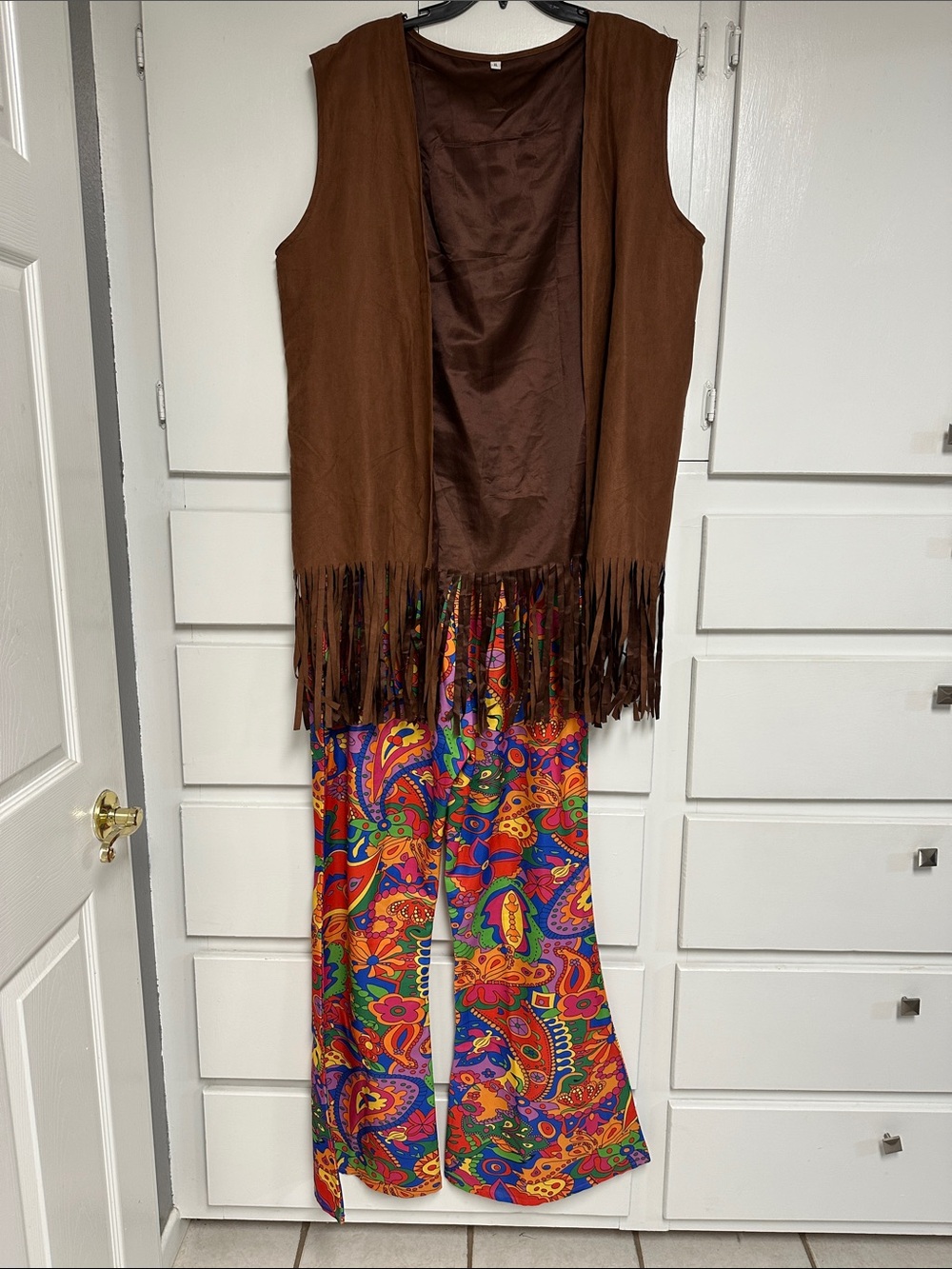 Mens 70,s Brown Fringe Vest and Colorful Paisley Pants Costume